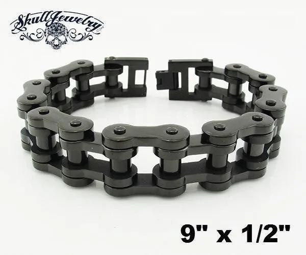 9" x 1/2" BLACK Stainless Steel Motorcycle Bracelet (#805L)