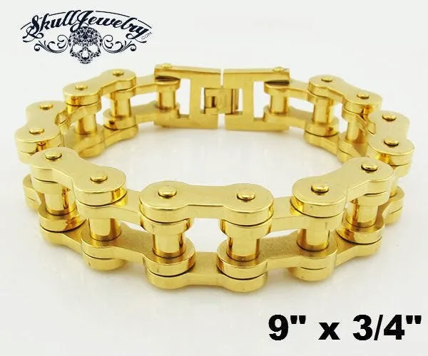 9" x 3/4" Gold Tone Stainless Steel Motorcycle Bracelet (807XXL)