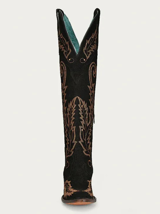 A4404 - WOMEN'S GOLD EMBROIDERY BLACK SUEDE TALL TOP J TOE COWBOY BOOT