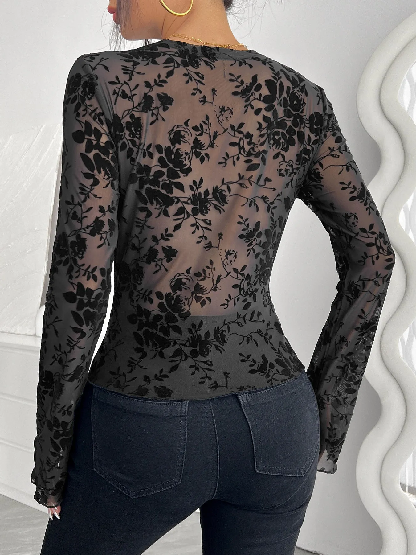 Alluring V-Neck Mesh Lace Long-Sleeve Top with Floral Detail