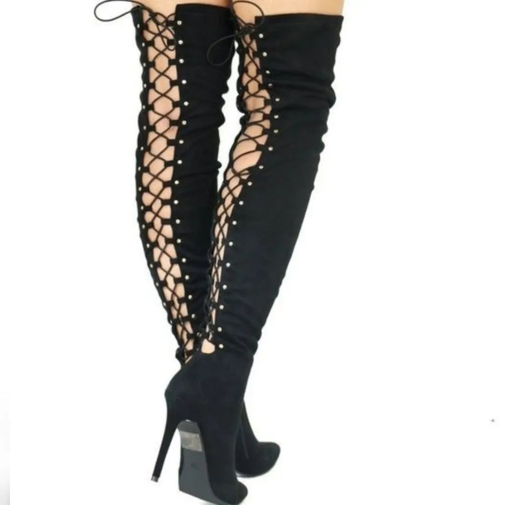 ❤BEST SELLER ❤ dolls Black Faux Suede Thigh High Lace U