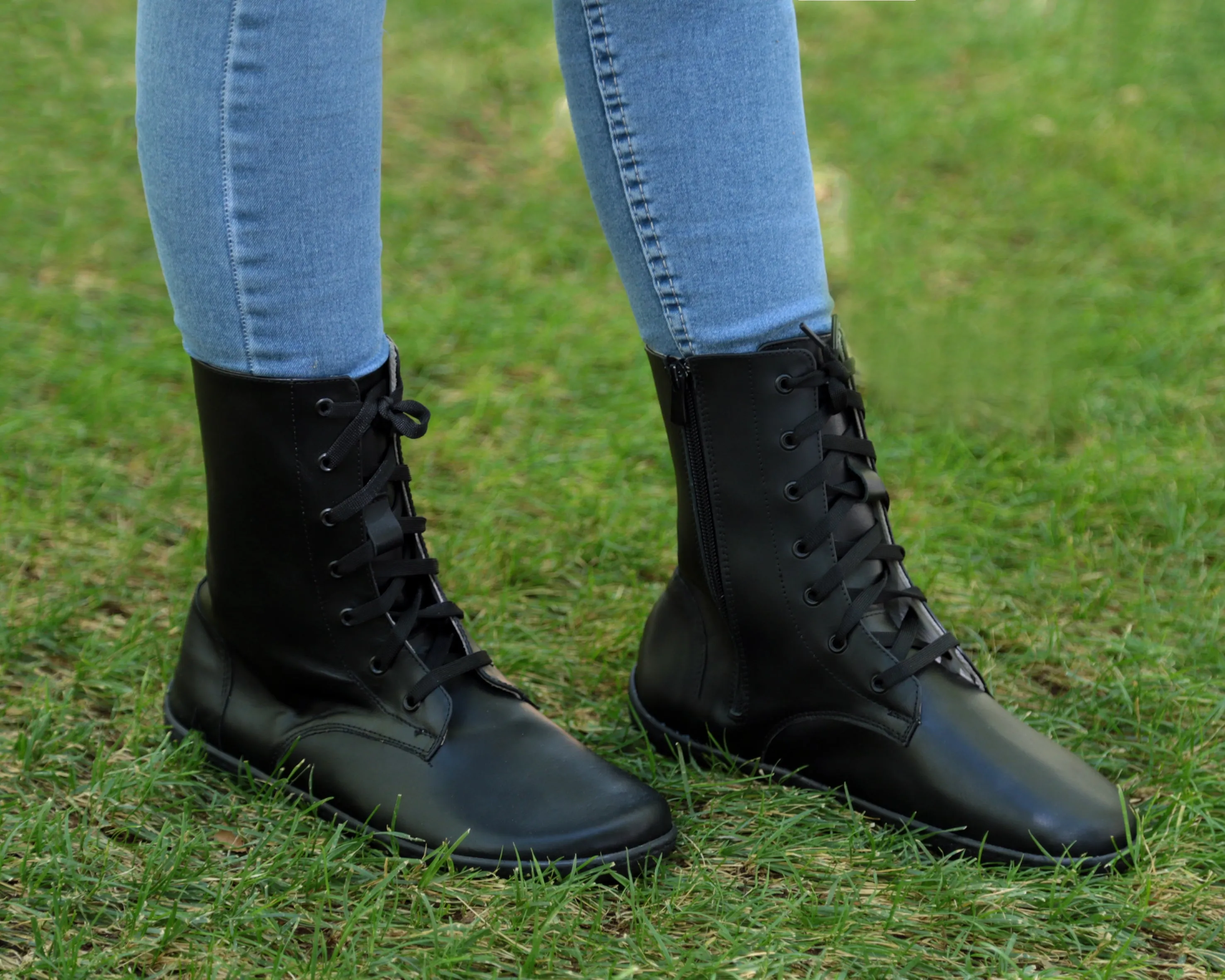 Black Long Zipper Boots Wide Barefoot Shoes Smooth Leather Handmade 6mm Rubber Outsole