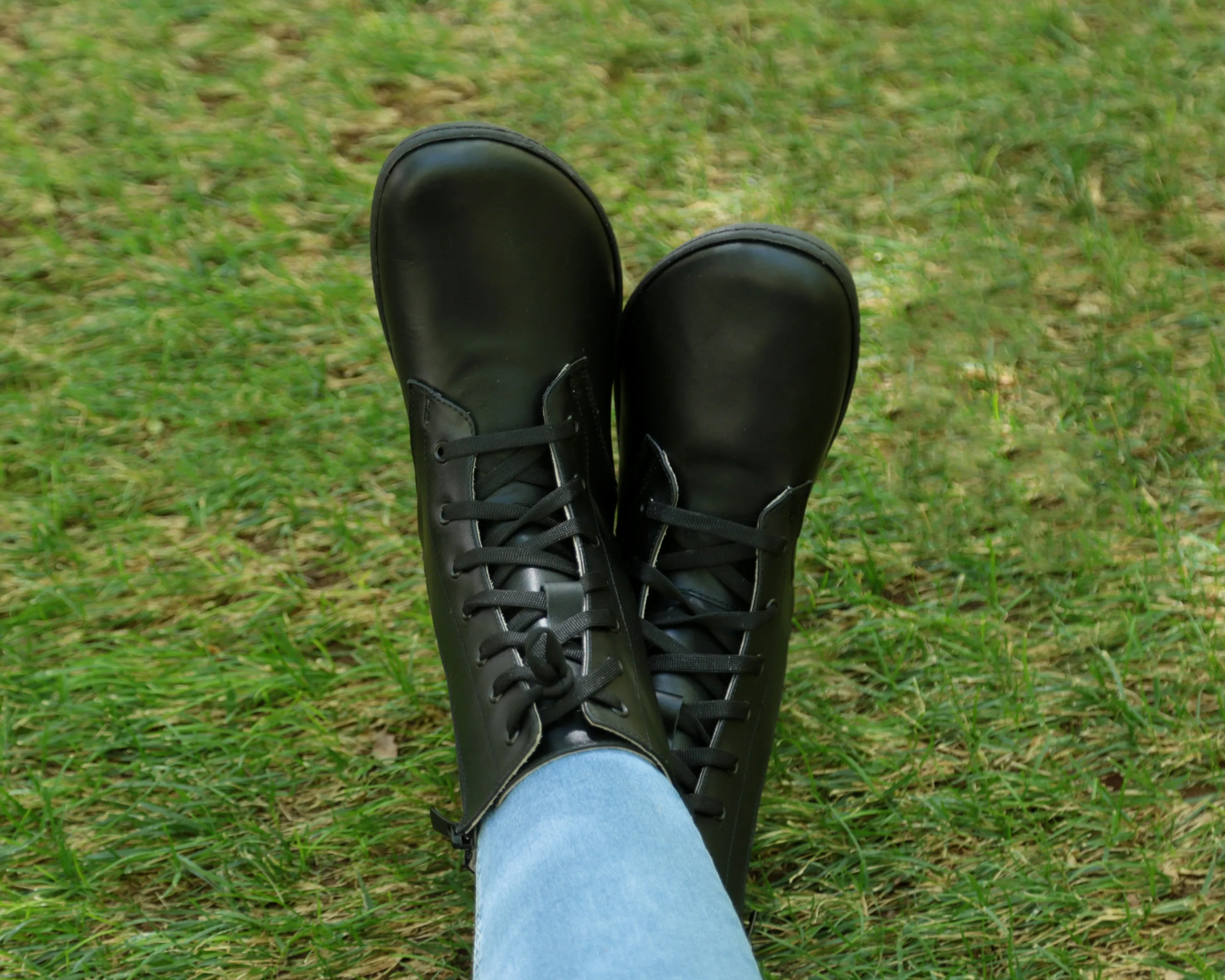 Black Long Zipper Boots Wide Barefoot Shoes Smooth Leather Handmade 6mm Rubber Outsole