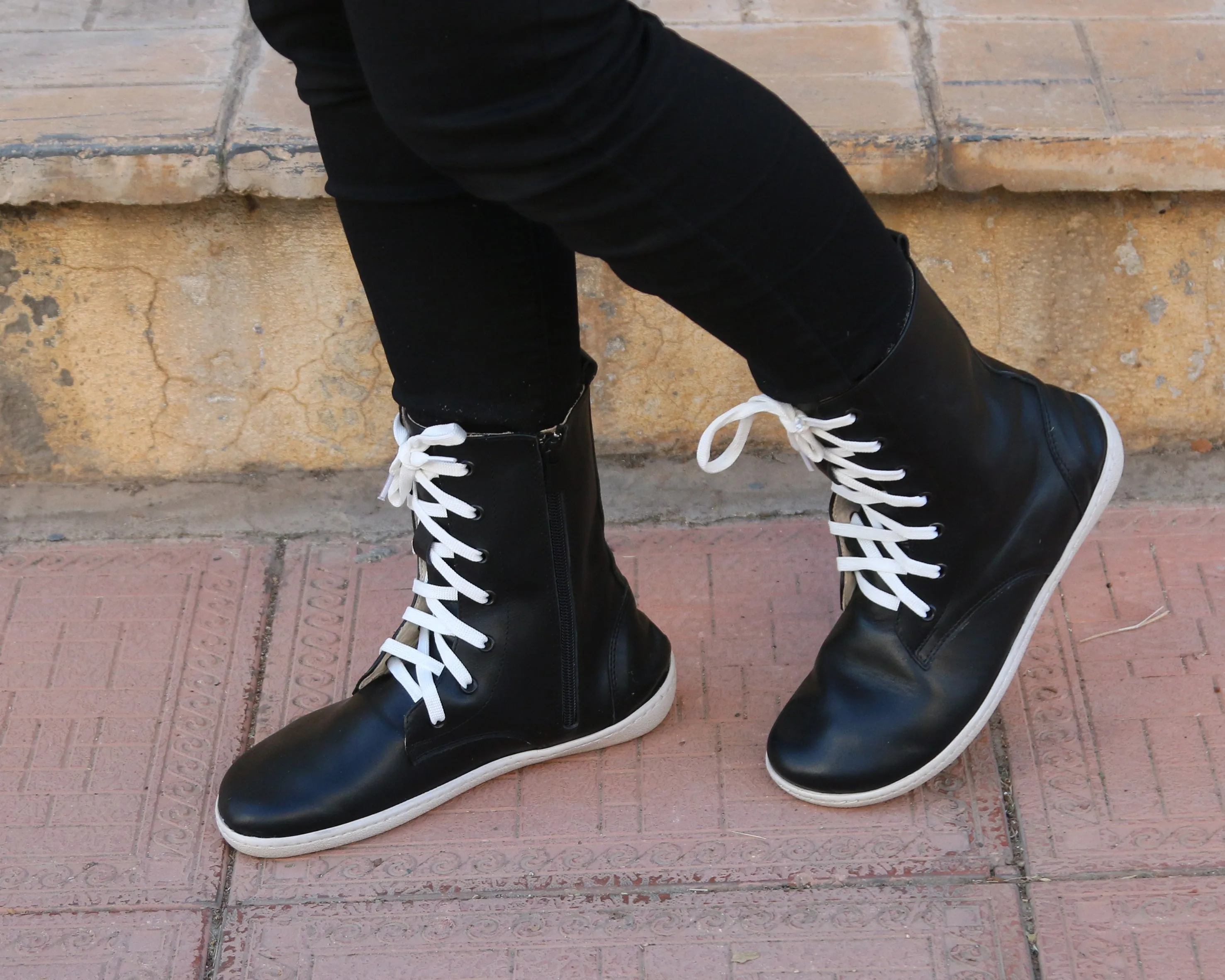Black Long Zipper Boots Wide Barefoot Shoes Smooth Leather Handmade 6mm Rubber Outsole