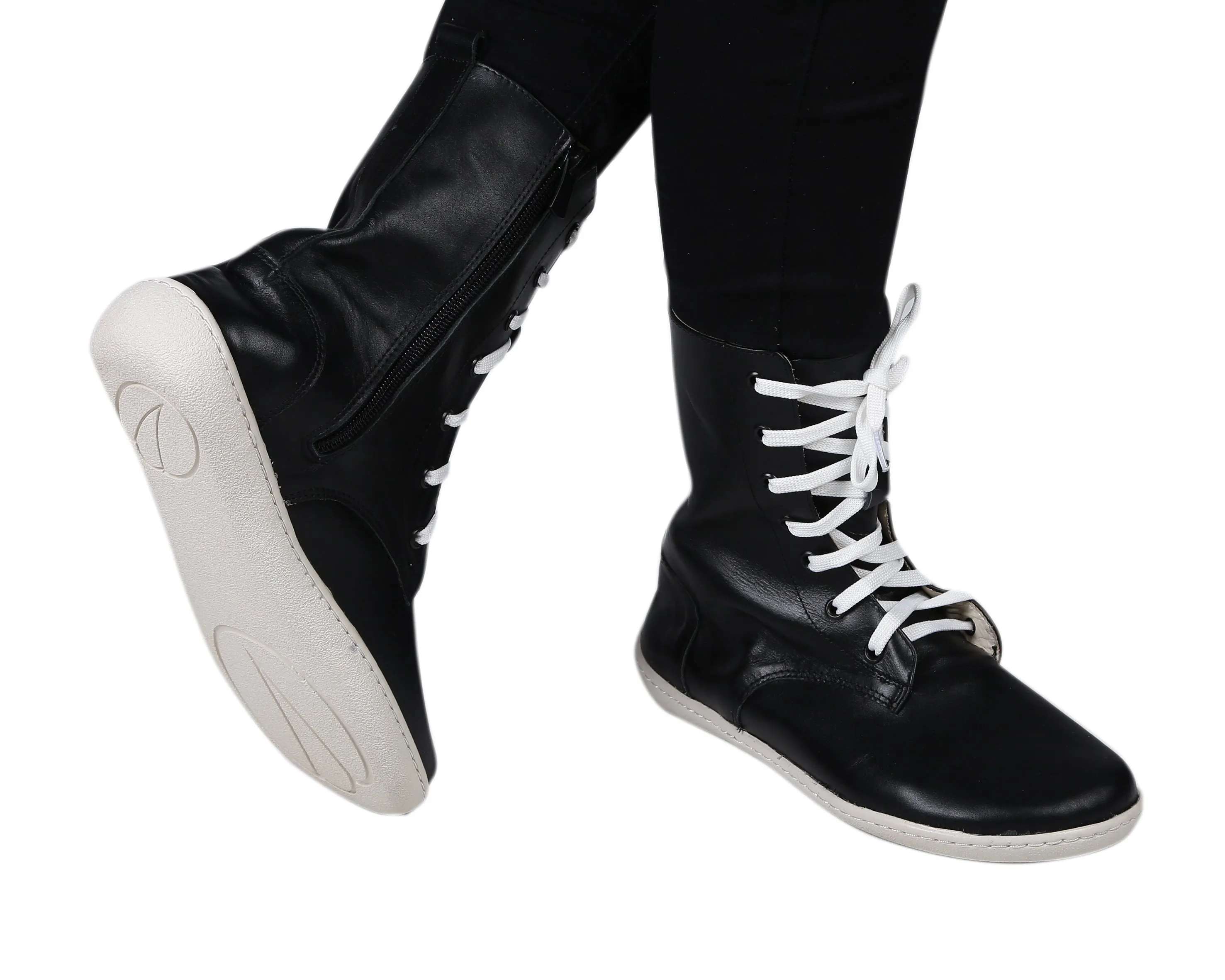 Black Long Zipper Boots Wide Barefoot Shoes Smooth Leather Handmade 6mm Rubber Outsole