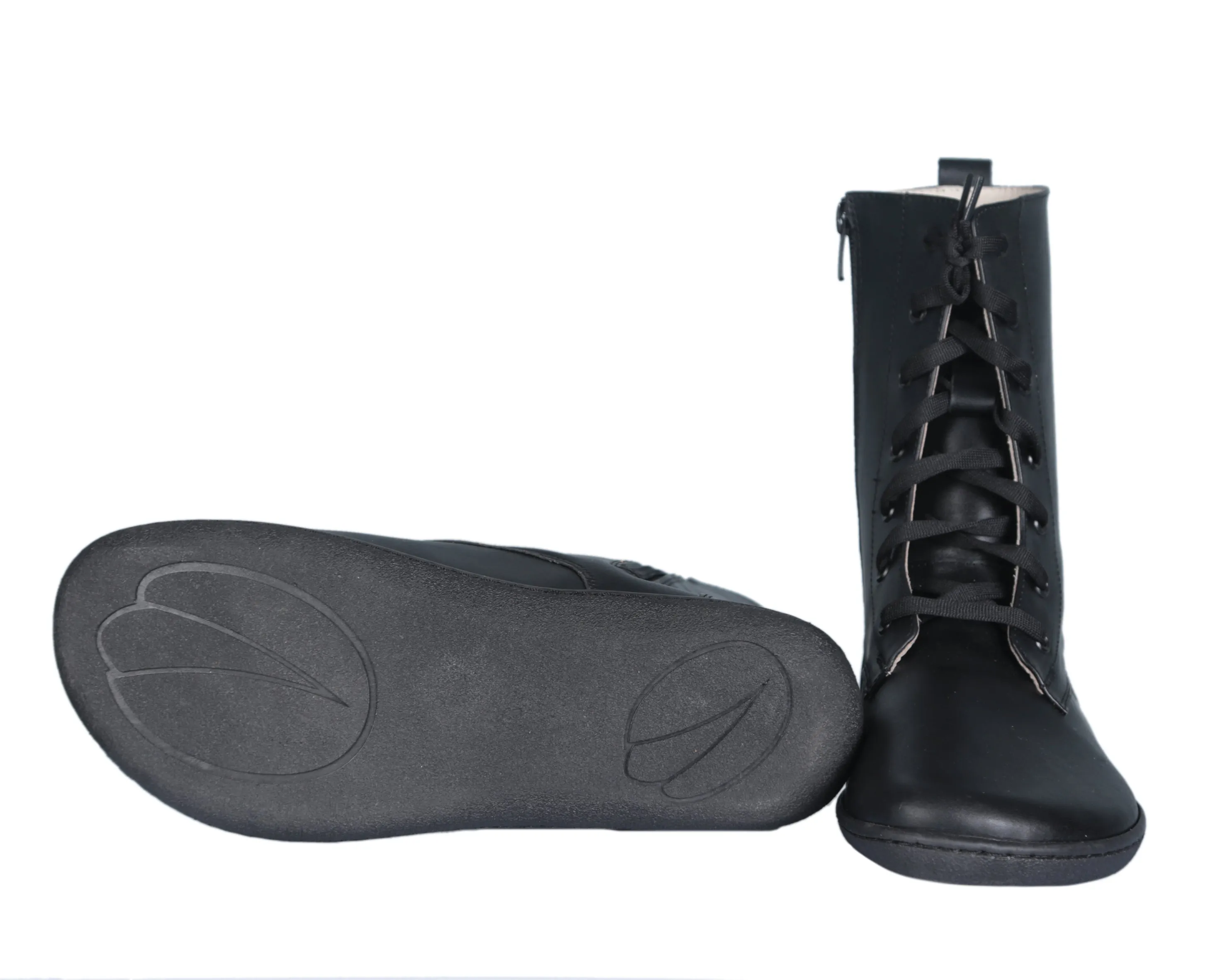 Black Long Zipper Boots Wide Barefoot Shoes Smooth Leather Handmade 6mm Rubber Outsole