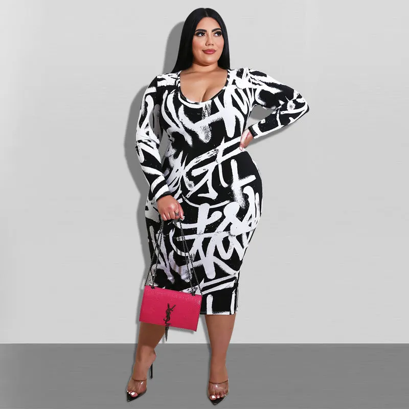 Bold Bodycon Midi Dress with Abstract Graffiti Print