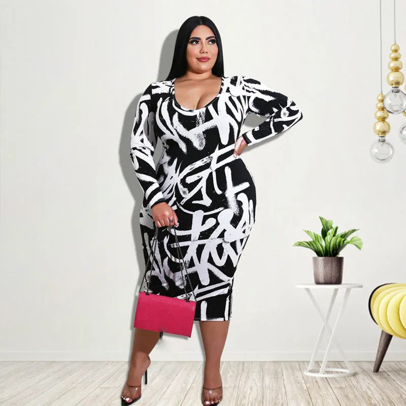 Bold Bodycon Midi Dress with Abstract Graffiti Print