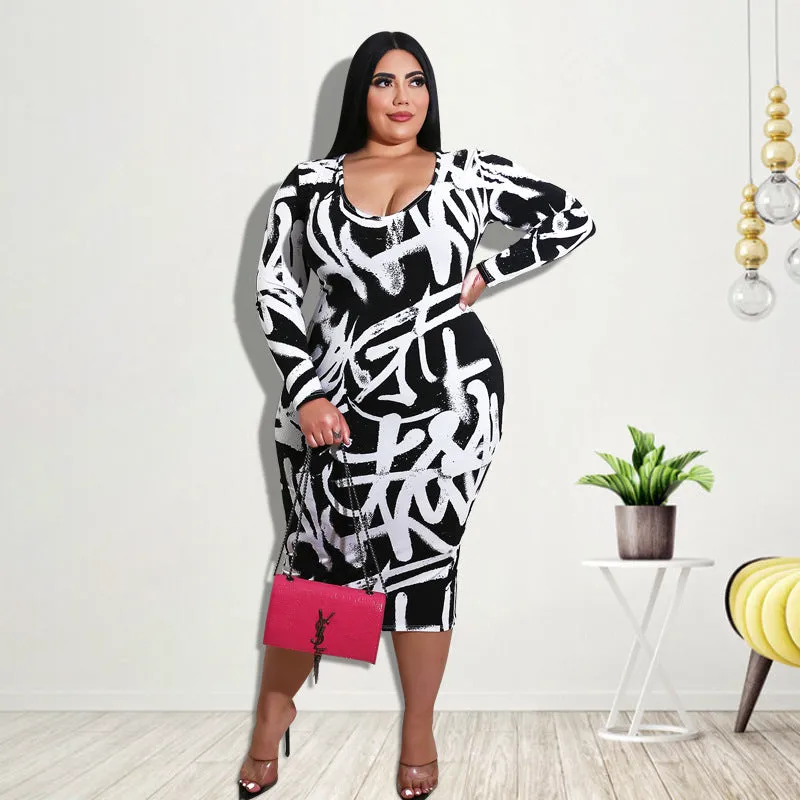 Bold Bodycon Midi Dress with Abstract Graffiti Print