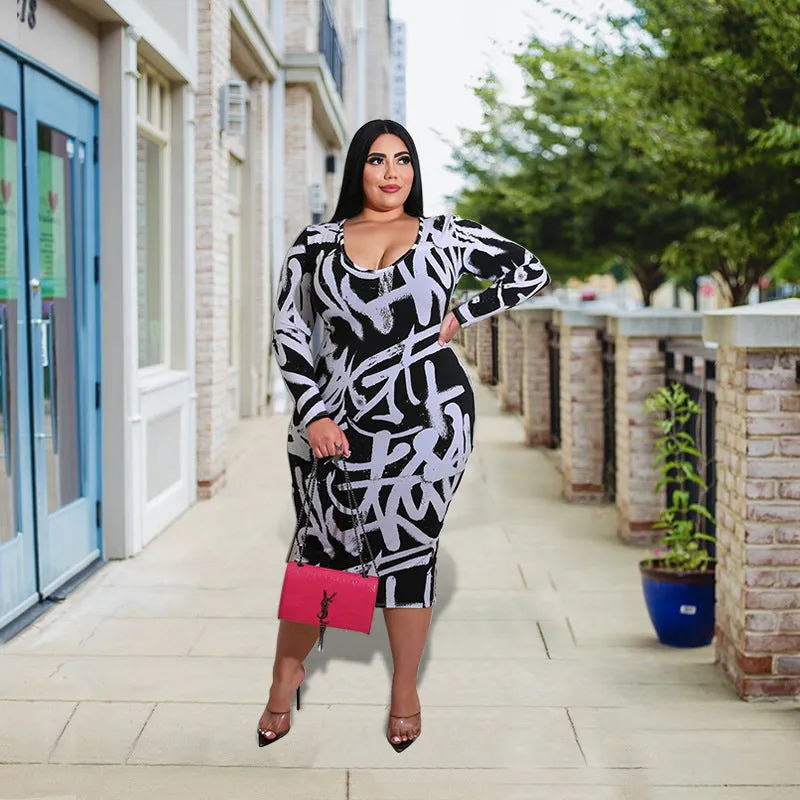 Bold Bodycon Midi Dress with Abstract Graffiti Print