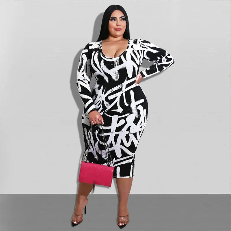 Bold Bodycon Midi Dress with Abstract Graffiti Print