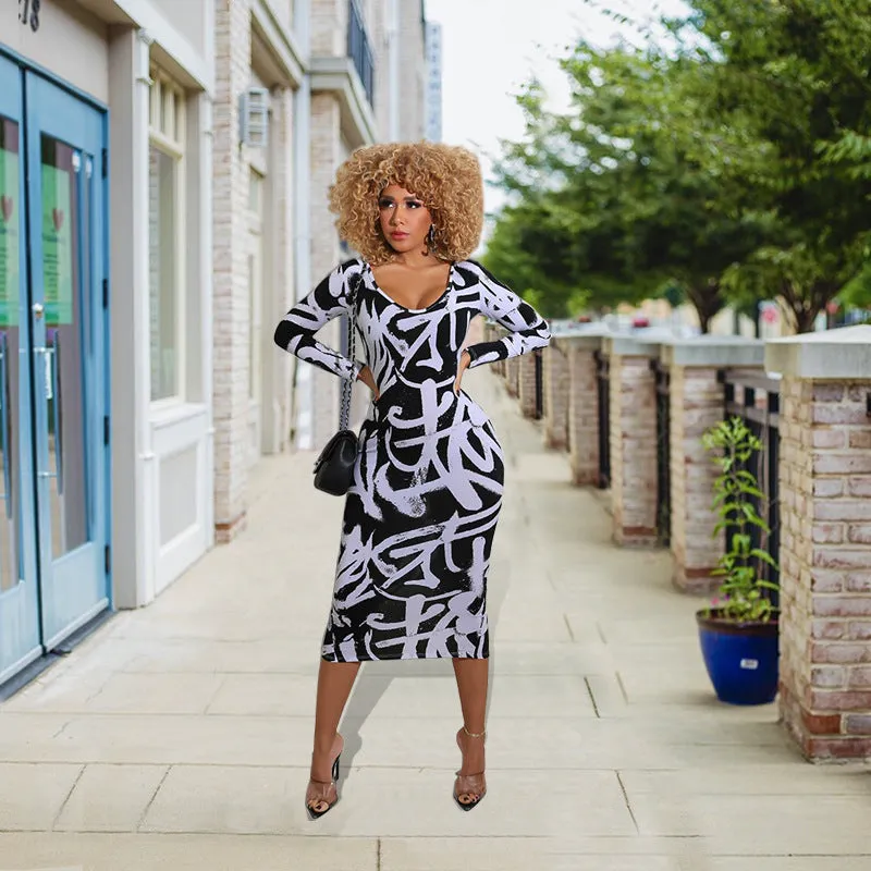 Bold Bodycon Midi Dress with Abstract Graffiti Print