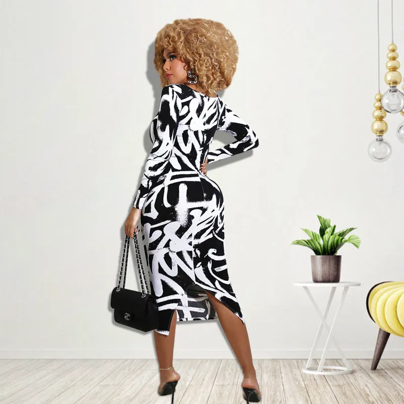 Bold Bodycon Midi Dress with Abstract Graffiti Print