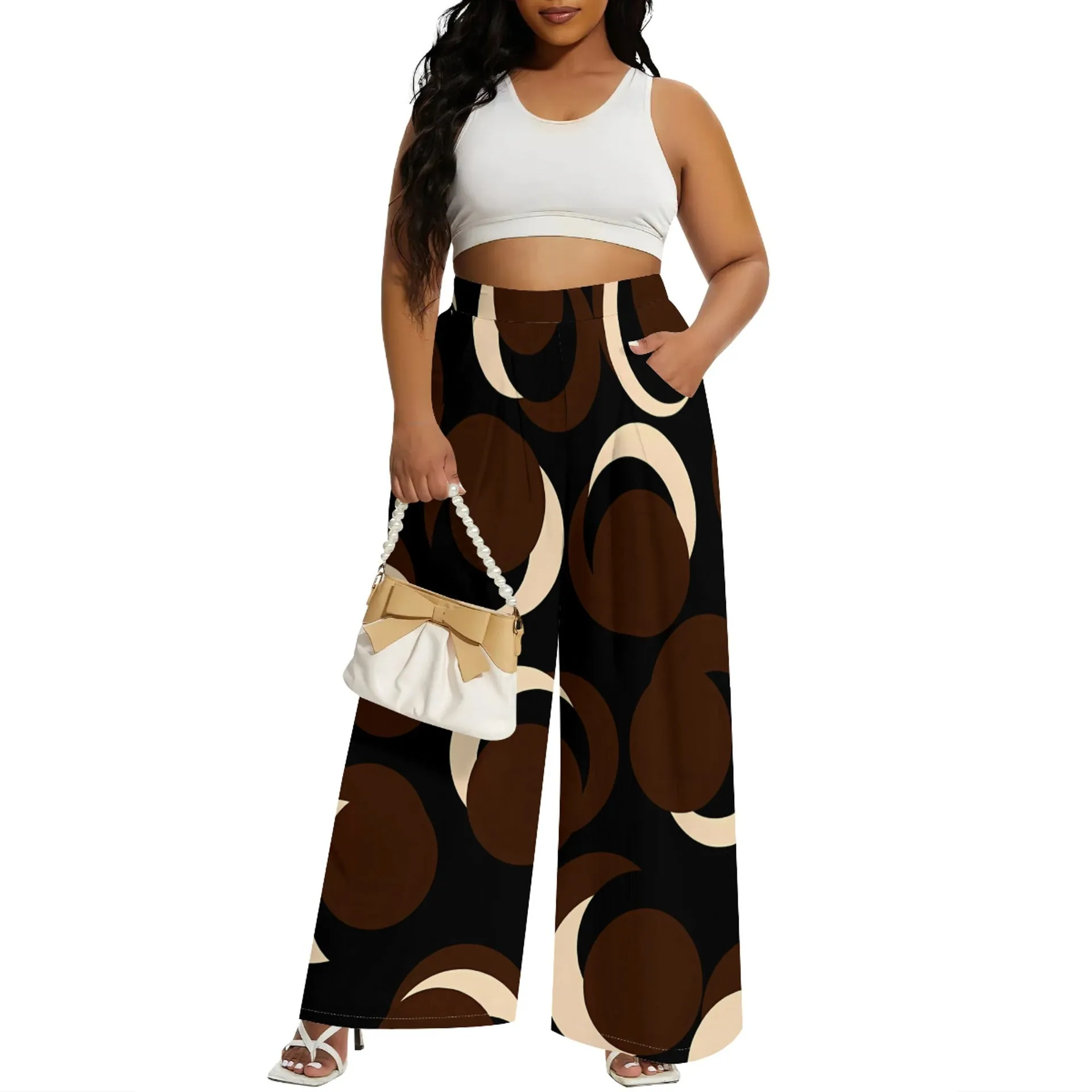 Bold Circular Print Wide-Leg Casual Pants