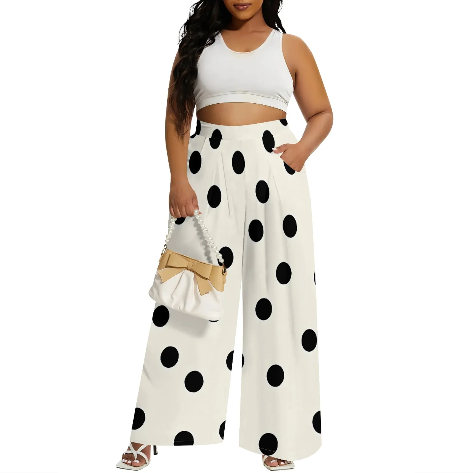 Bold Circular Print Wide-Leg Casual Pants