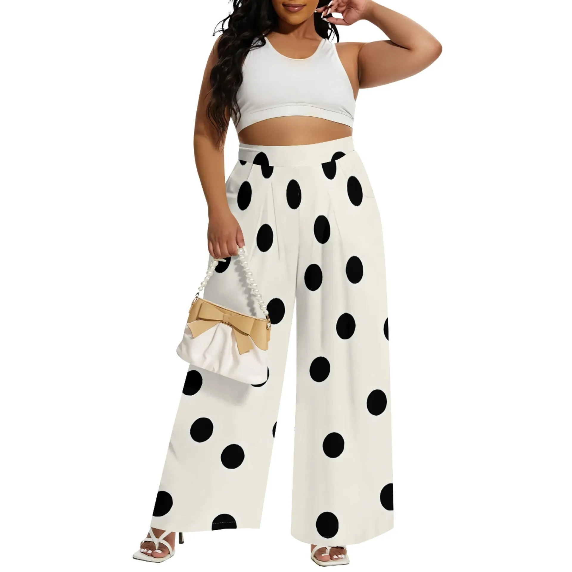 Bold Circular Print Wide-Leg Casual Pants