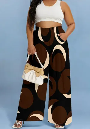 Bold Circular Print Wide-Leg Casual Pants
