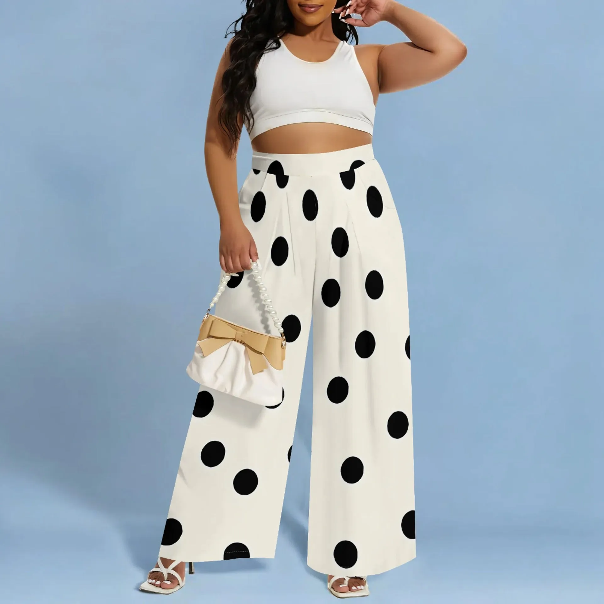 Bold Circular Print Wide-Leg Casual Pants