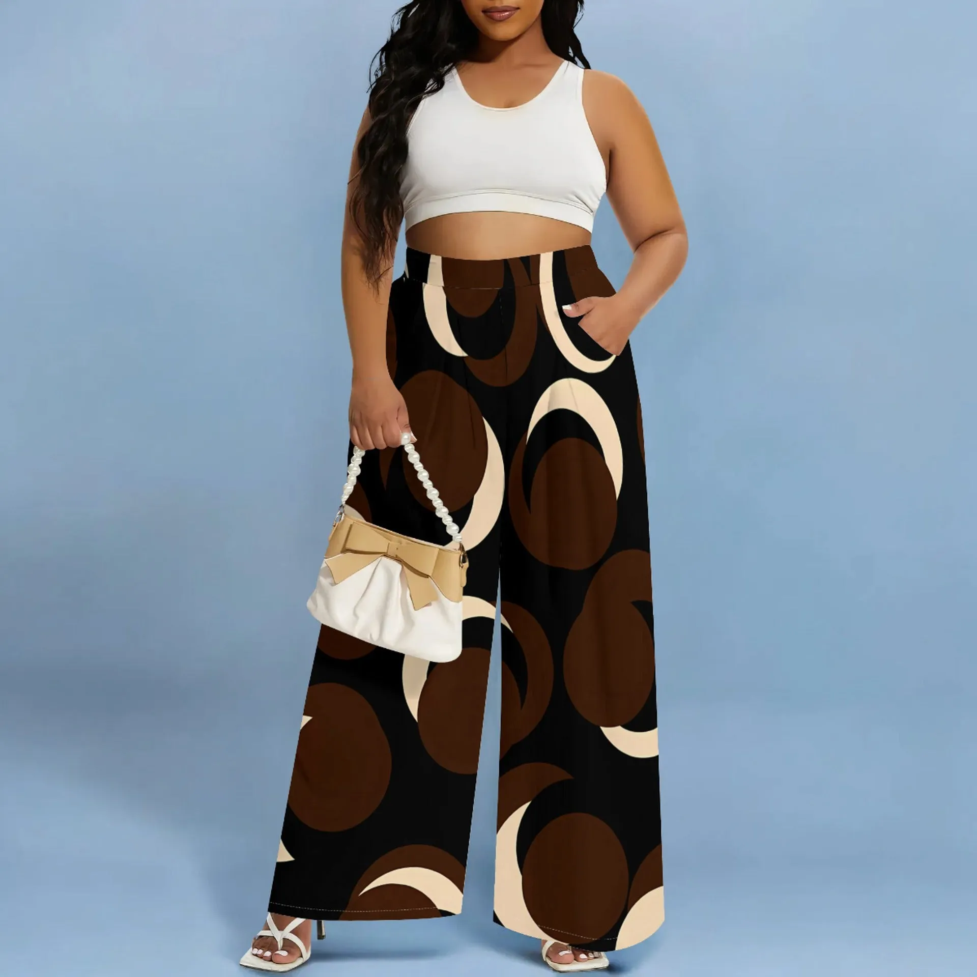 Bold Circular Print Wide-Leg Casual Pants