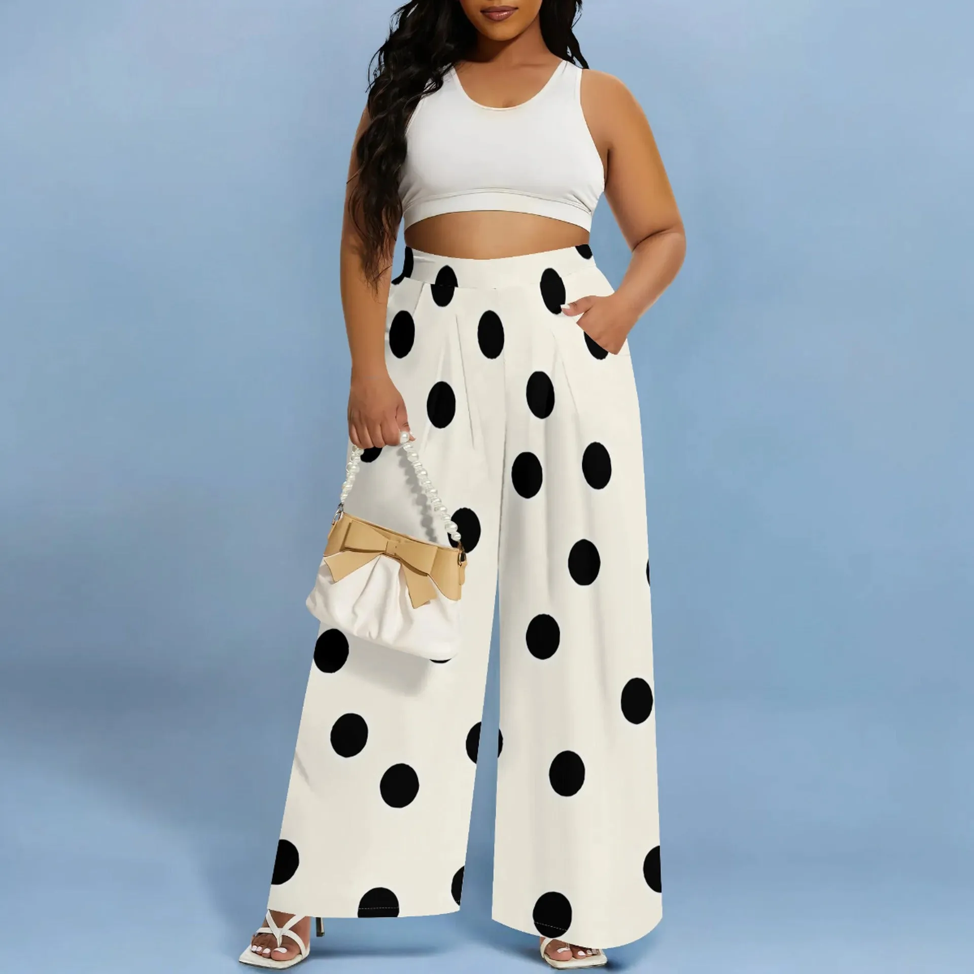 Bold Circular Print Wide-Leg Casual Pants