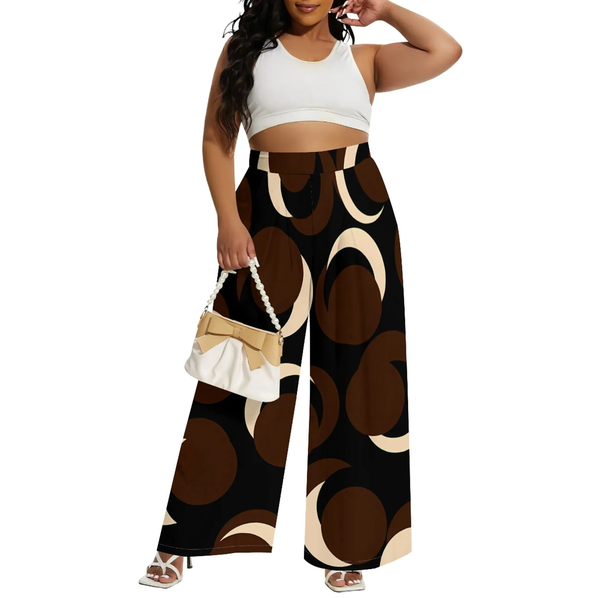 Bold Circular Print Wide-Leg Casual Pants