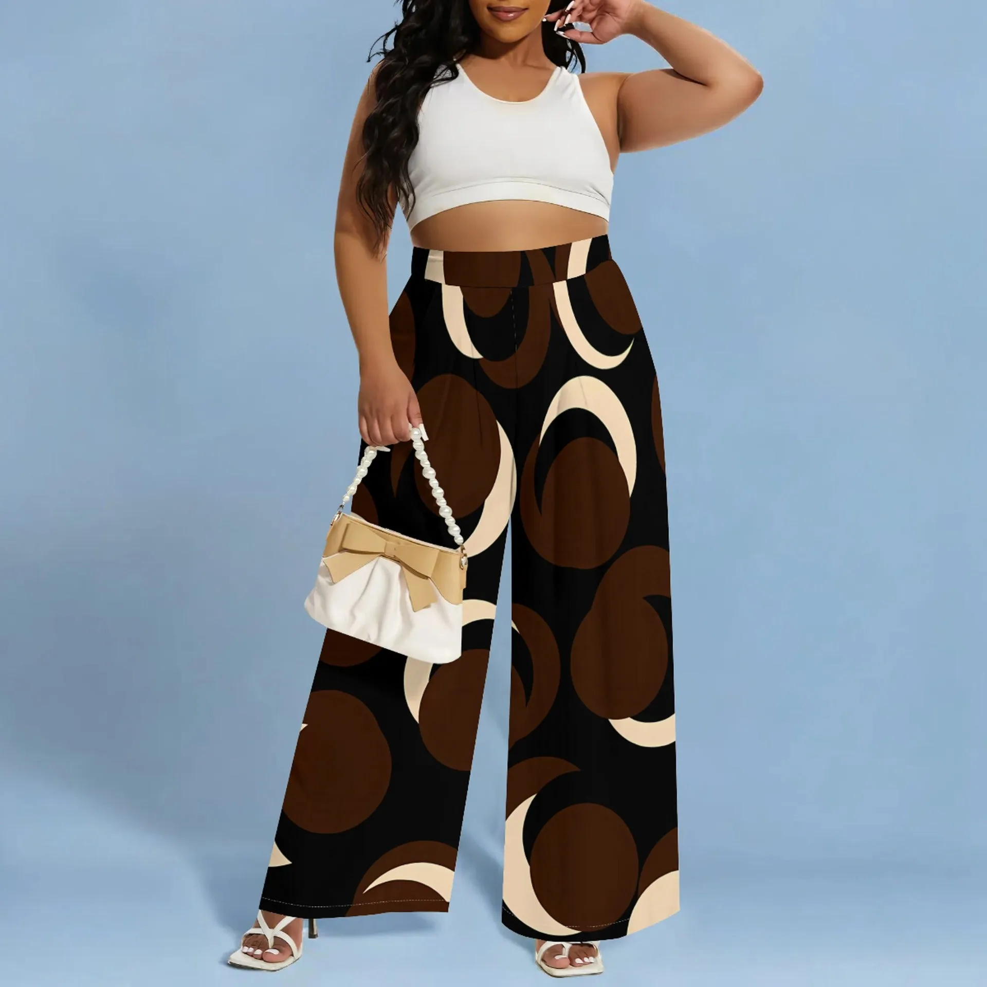 Bold Circular Print Wide-Leg Casual Pants