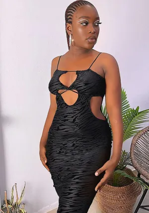Bold Hollow-Out Cutout Bodycon Dress with Sleek Animal Print Texture