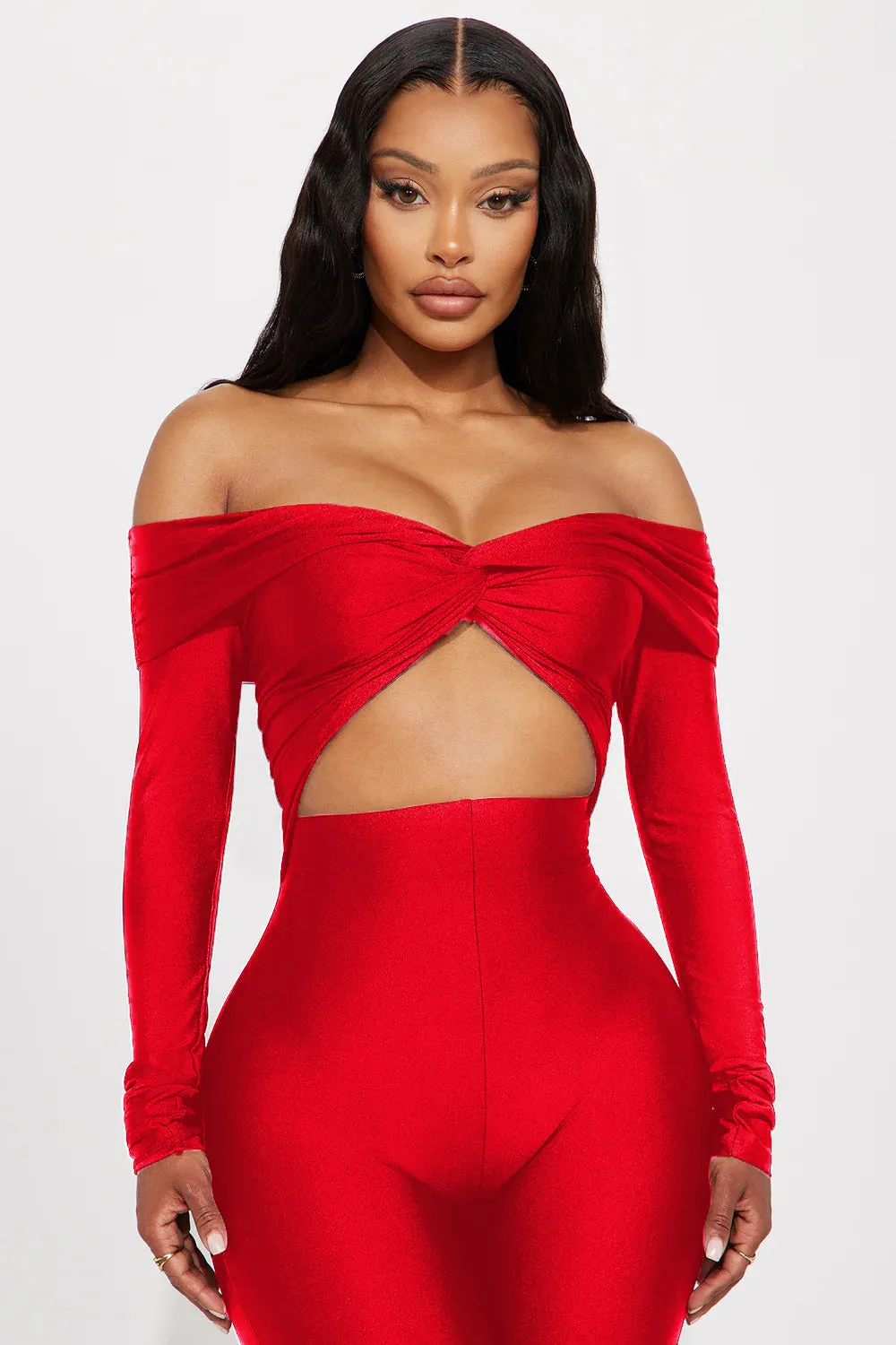 Bold Off-Shoulder Long Sleeve Hollow Out Slim-Fit Jumpsuit