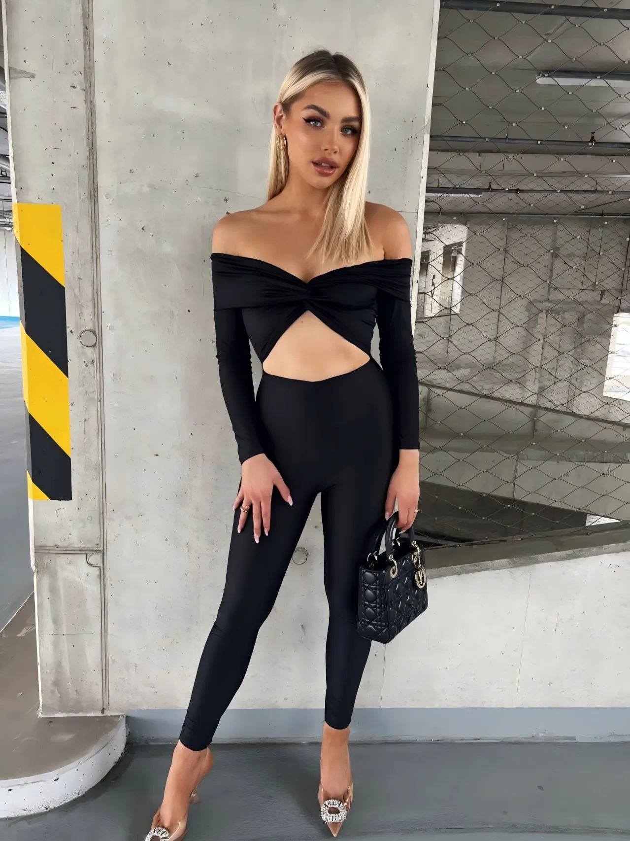 Bold Off-Shoulder Long Sleeve Hollow Out Slim-Fit Jumpsuit