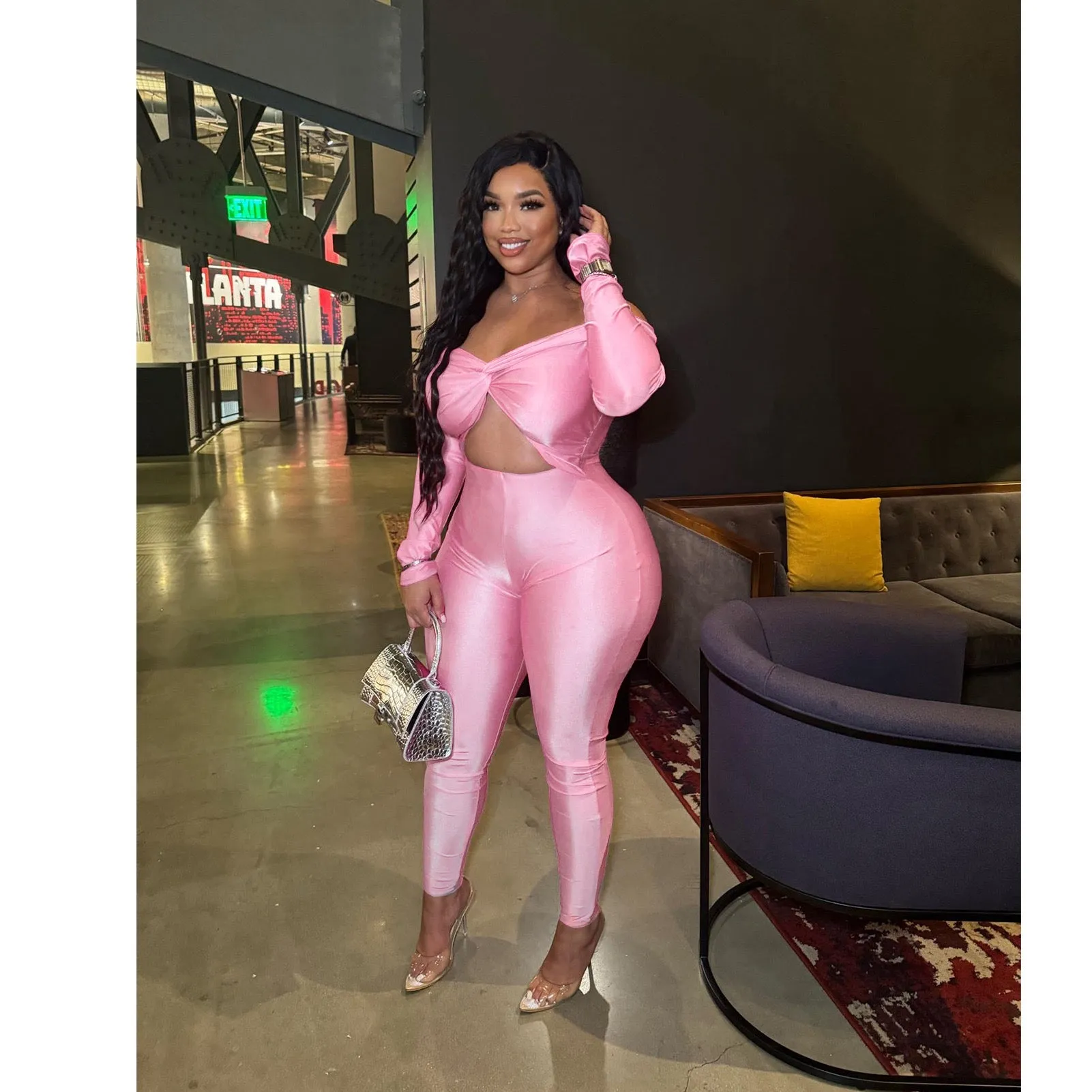 Bold Off-Shoulder Long Sleeve Hollow Out Slim-Fit Jumpsuit