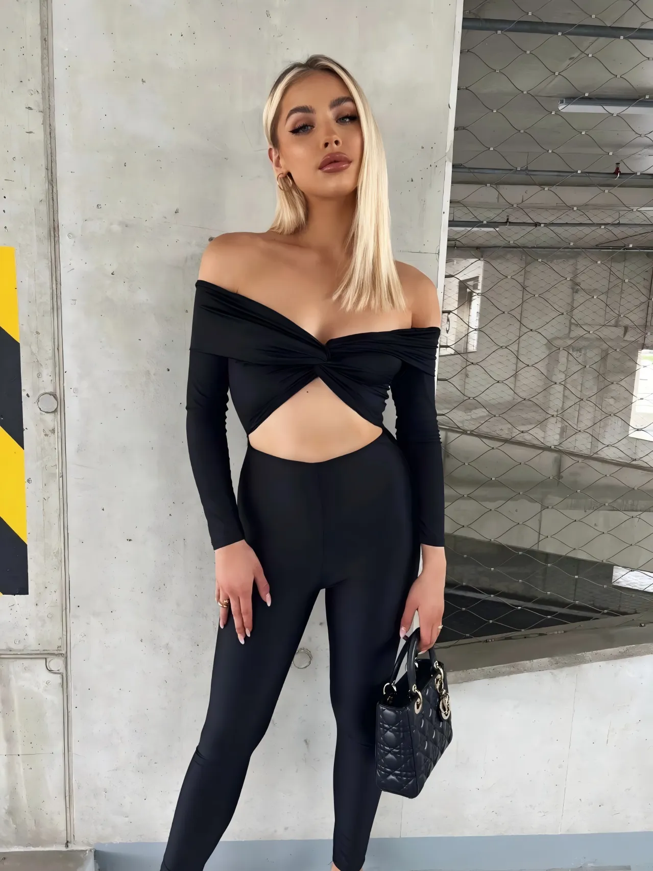 Bold Off-Shoulder Long Sleeve Hollow Out Slim-Fit Jumpsuit