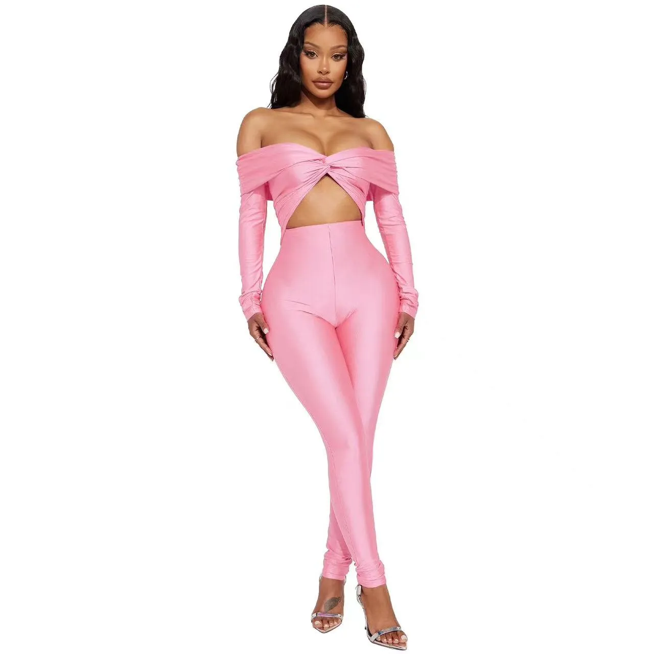Bold Off-Shoulder Long Sleeve Hollow Out Slim-Fit Jumpsuit