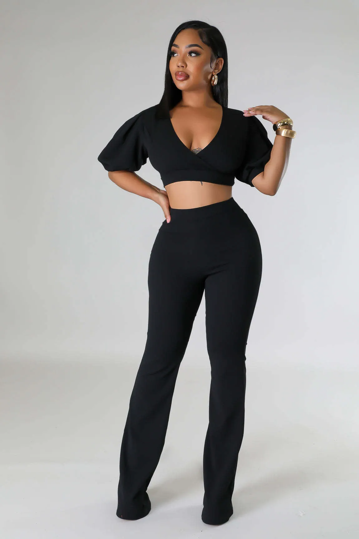 Bold Radiance Lantern Sleeve Crop Top and Flared Pants Set