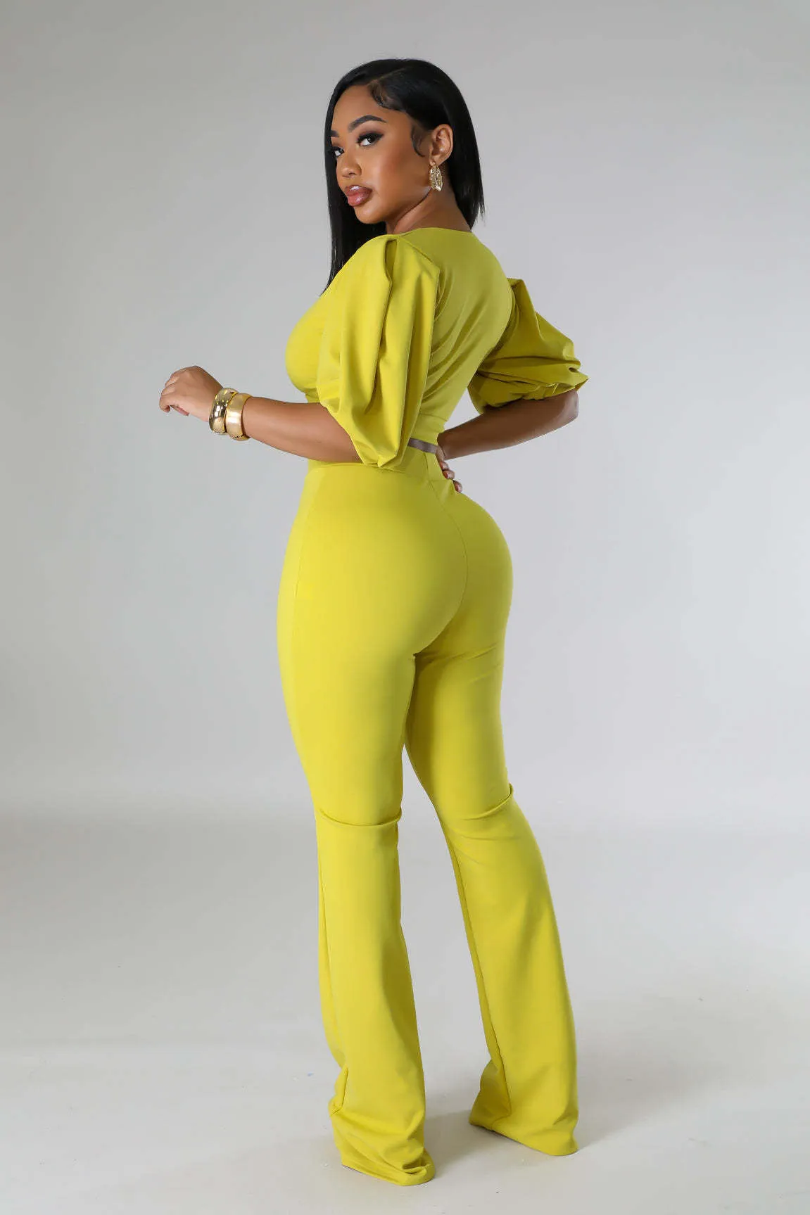 Bold Radiance Lantern Sleeve Crop Top and Flared Pants Set