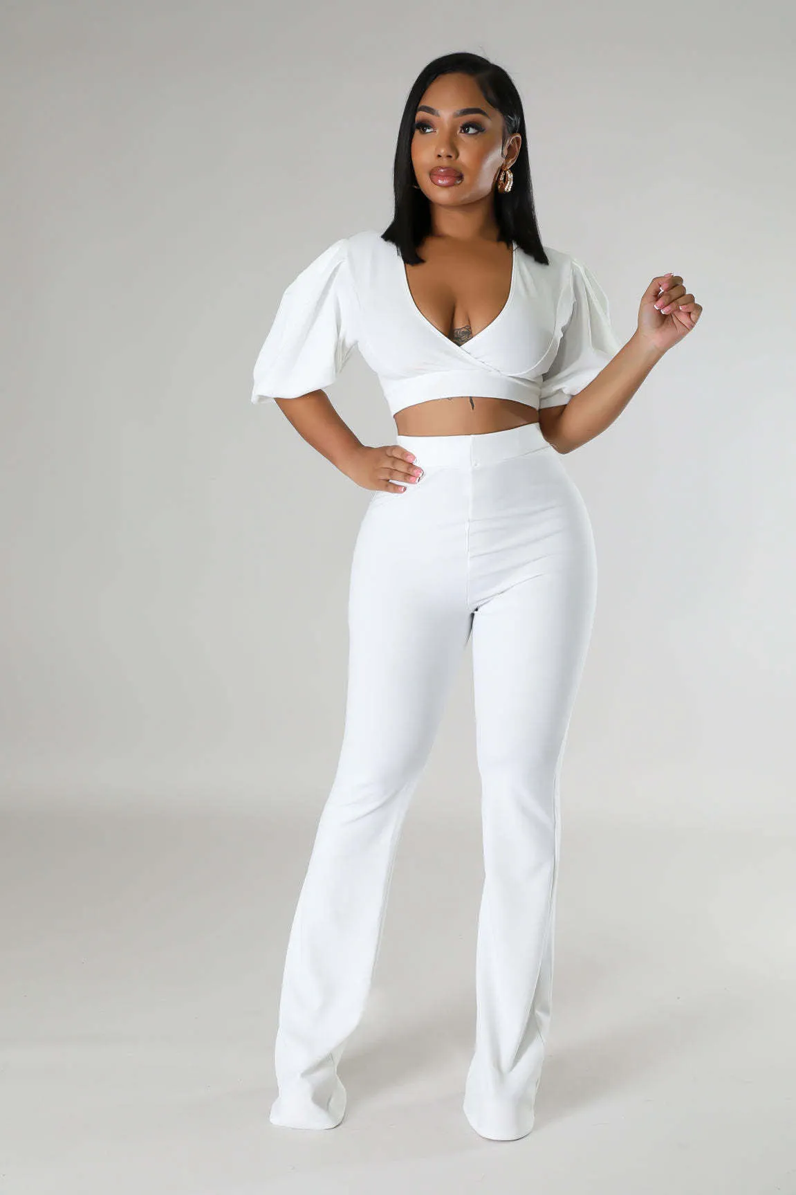 Bold Radiance Lantern Sleeve Crop Top and Flared Pants Set