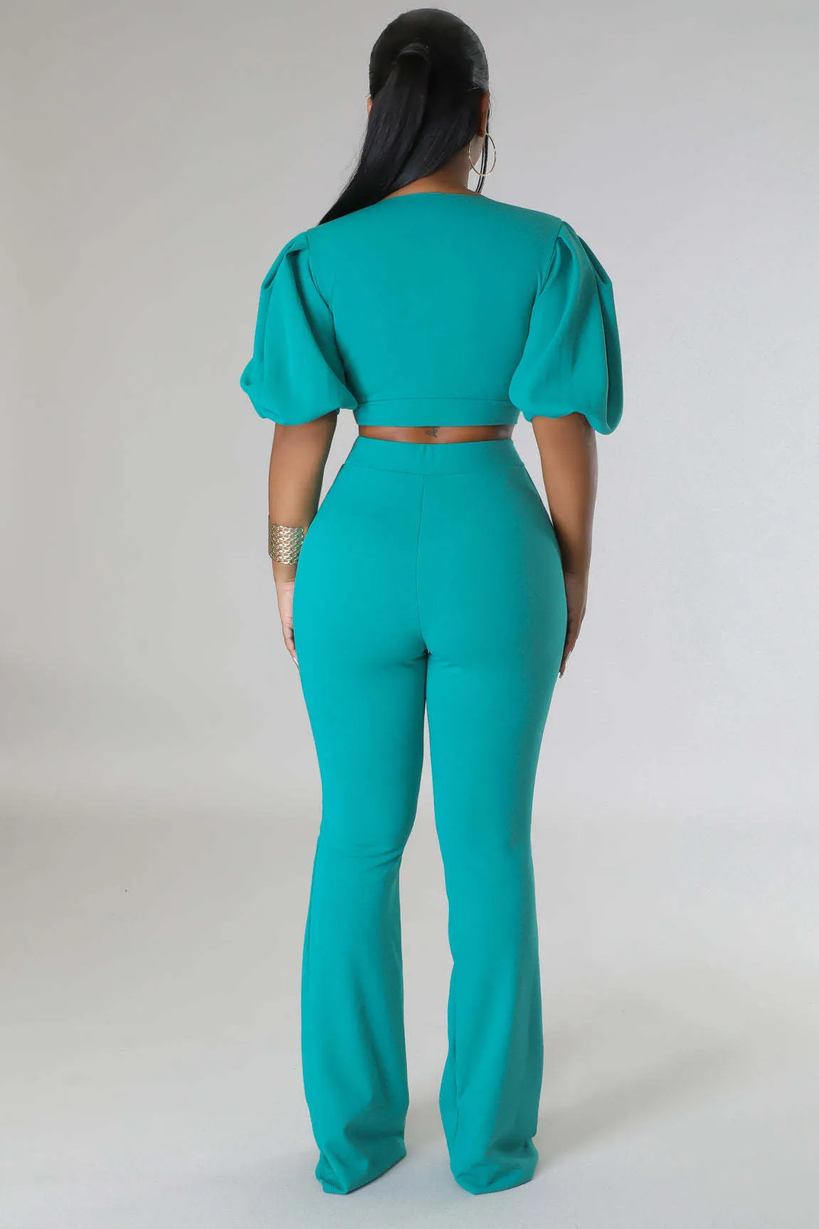 Bold Radiance Lantern Sleeve Crop Top and Flared Pants Set