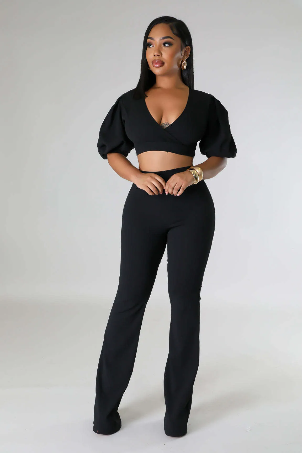 Bold Radiance Lantern Sleeve Crop Top and Flared Pants Set