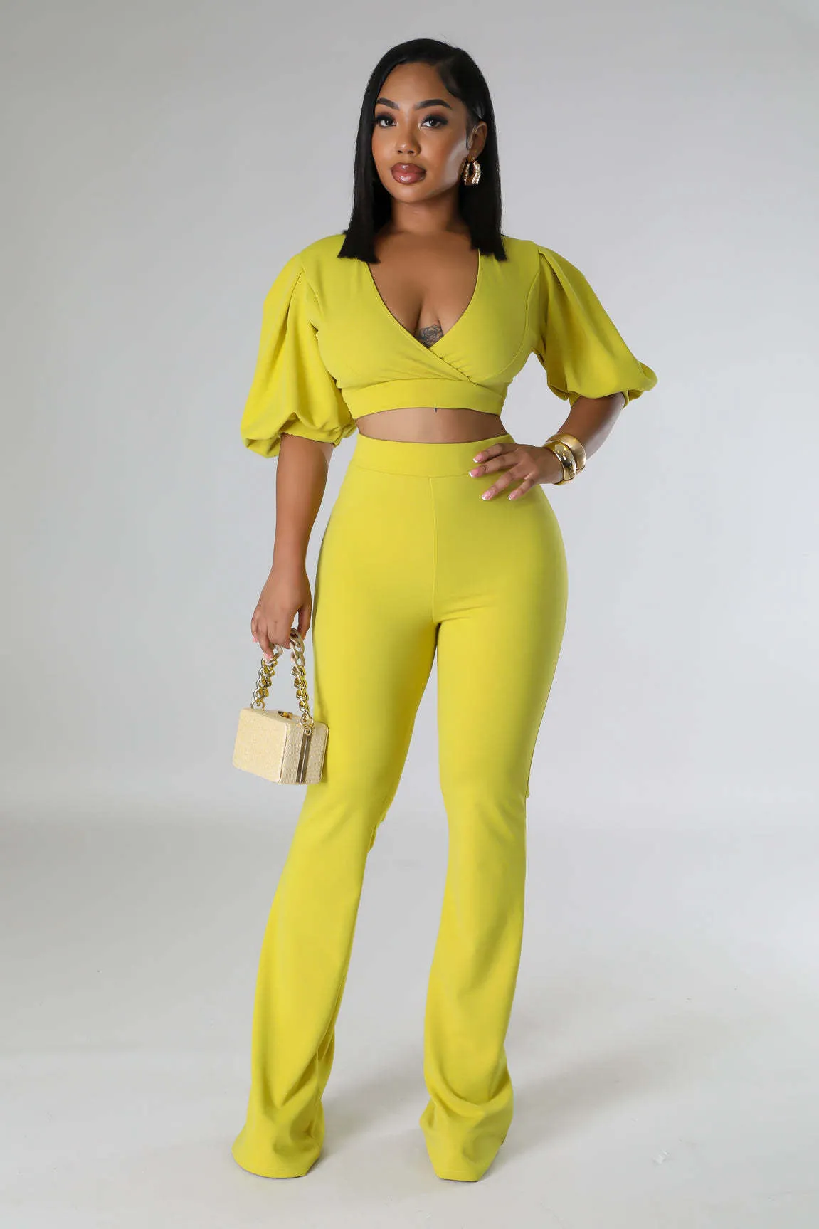 Bold Radiance Lantern Sleeve Crop Top and Flared Pants Set