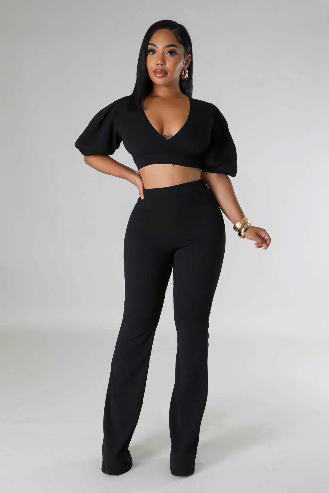 Bold Radiance Lantern Sleeve Crop Top and Flared Pants Set
