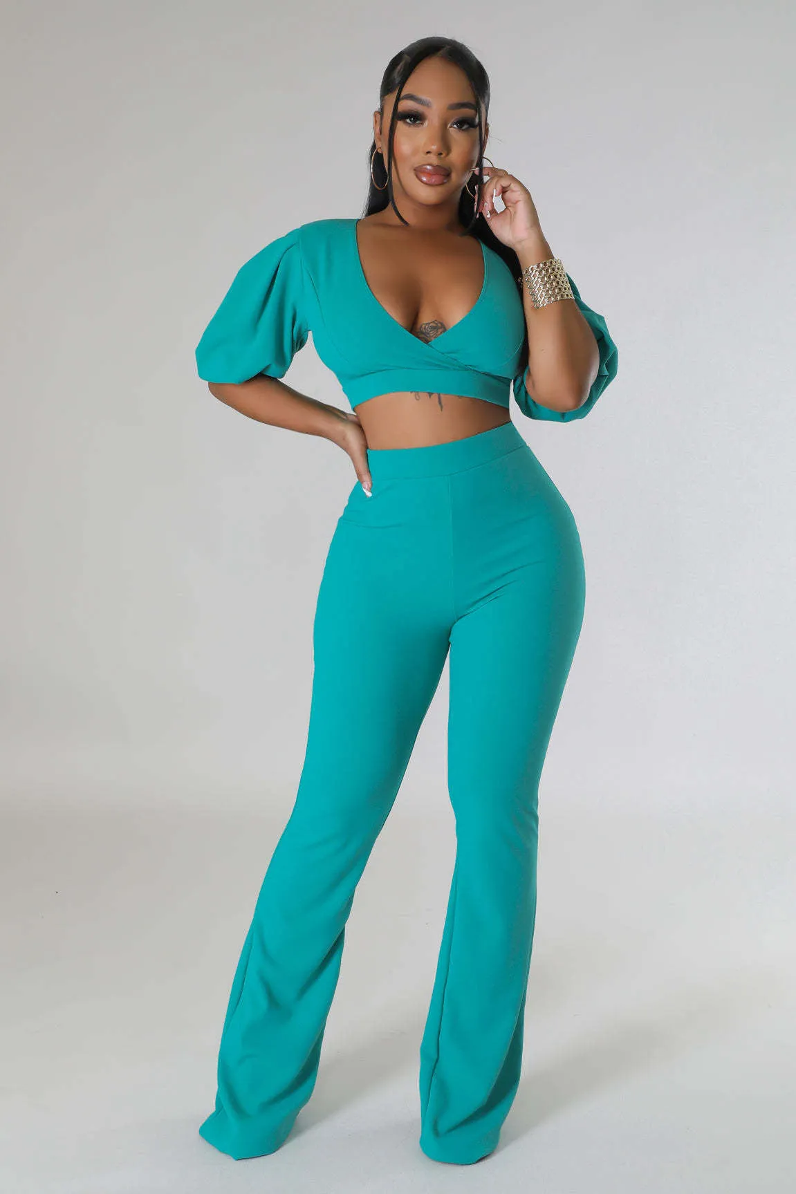 Bold Radiance Lantern Sleeve Crop Top and Flared Pants Set