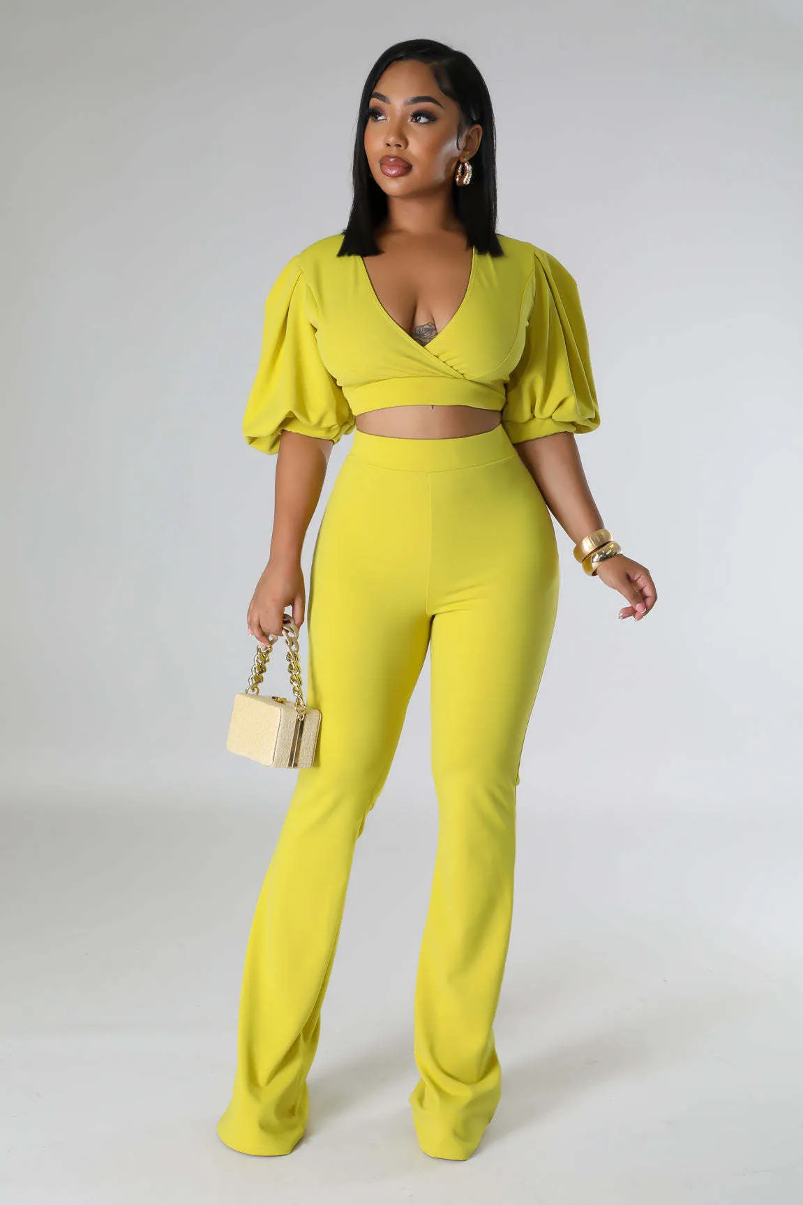 Bold Radiance Lantern Sleeve Crop Top and Flared Pants Set