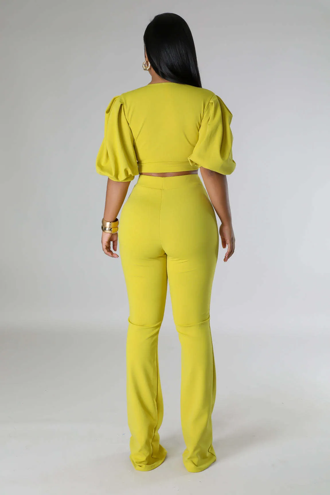 Bold Radiance Lantern Sleeve Crop Top and Flared Pants Set