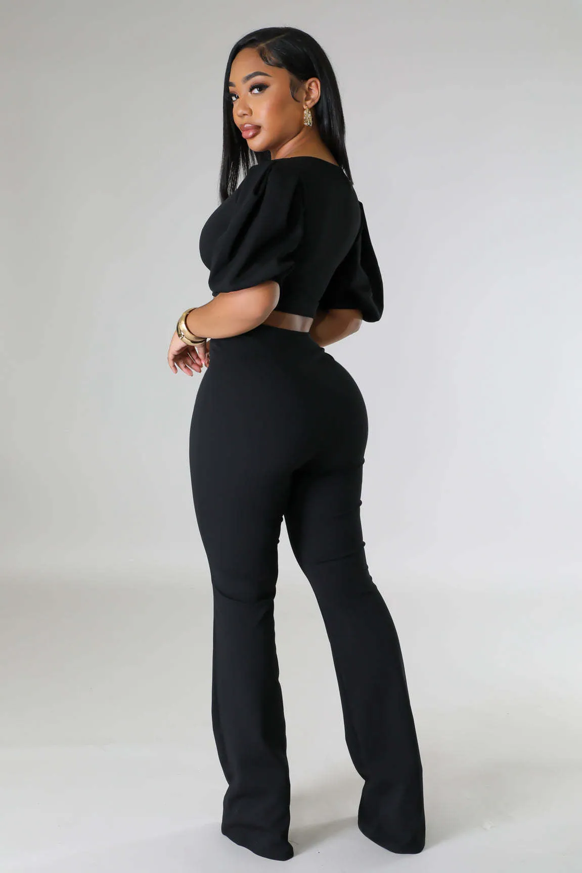 Bold Radiance Lantern Sleeve Crop Top and Flared Pants Set