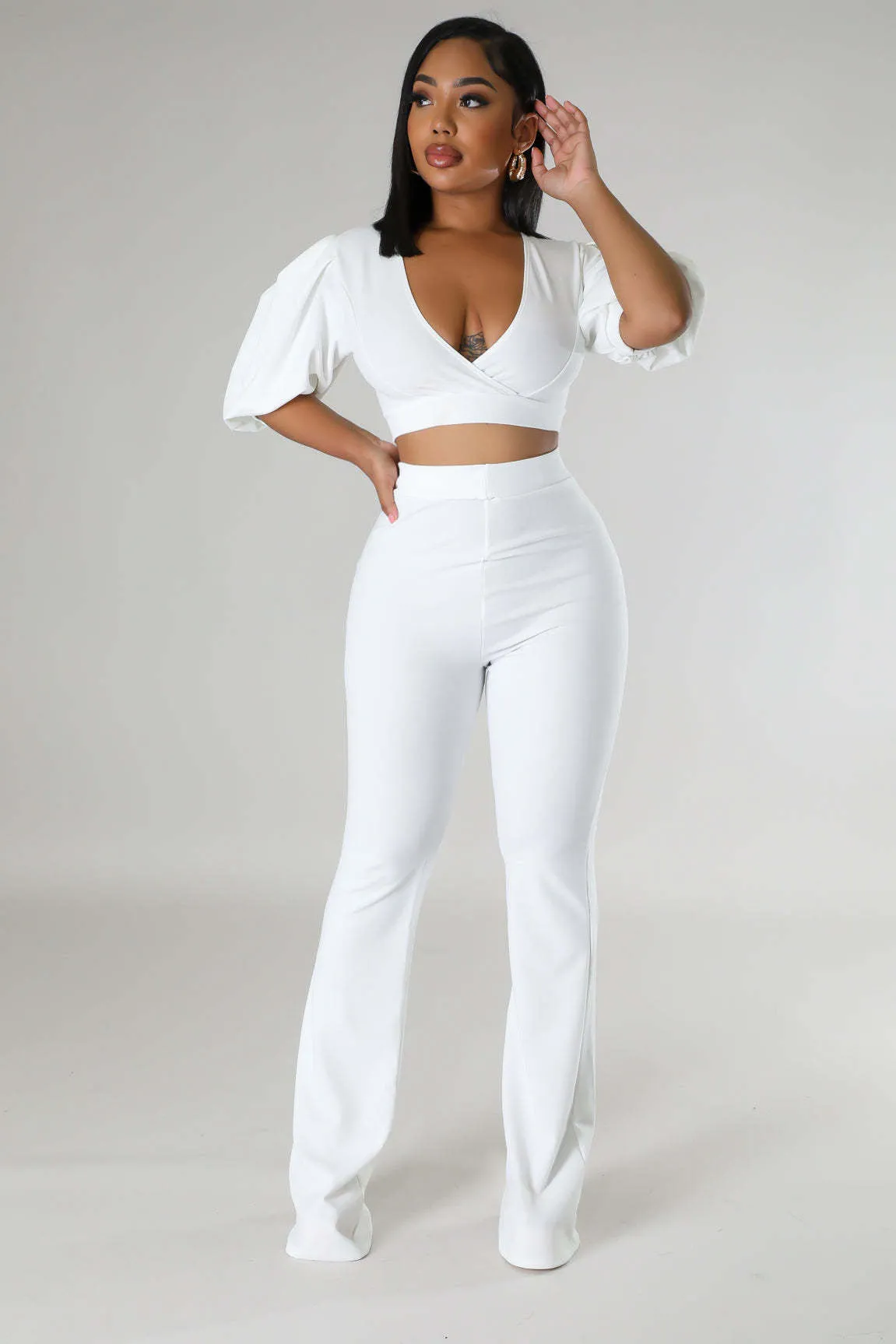 Bold Radiance Lantern Sleeve Crop Top and Flared Pants Set