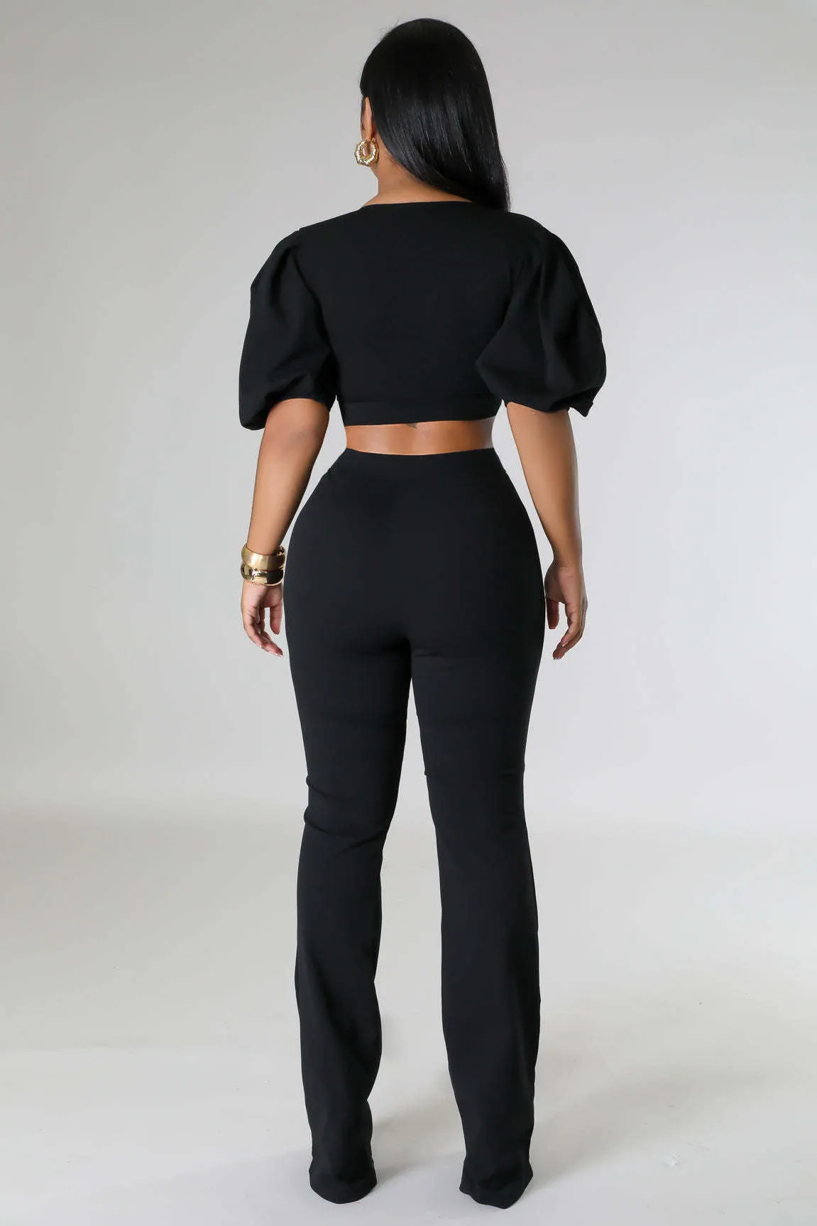 Bold Radiance Lantern Sleeve Crop Top and Flared Pants Set