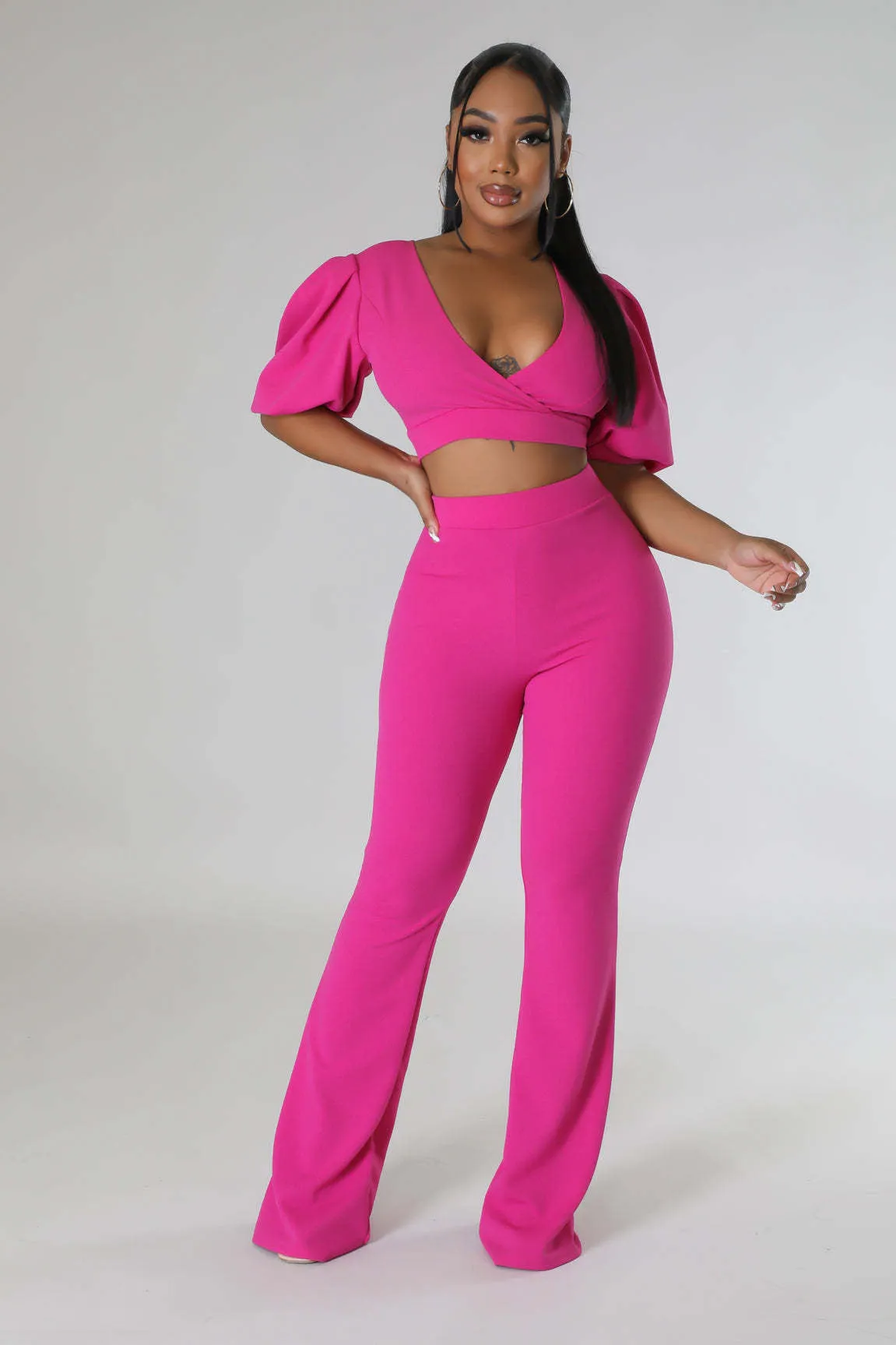Bold Radiance Lantern Sleeve Crop Top and Flared Pants Set