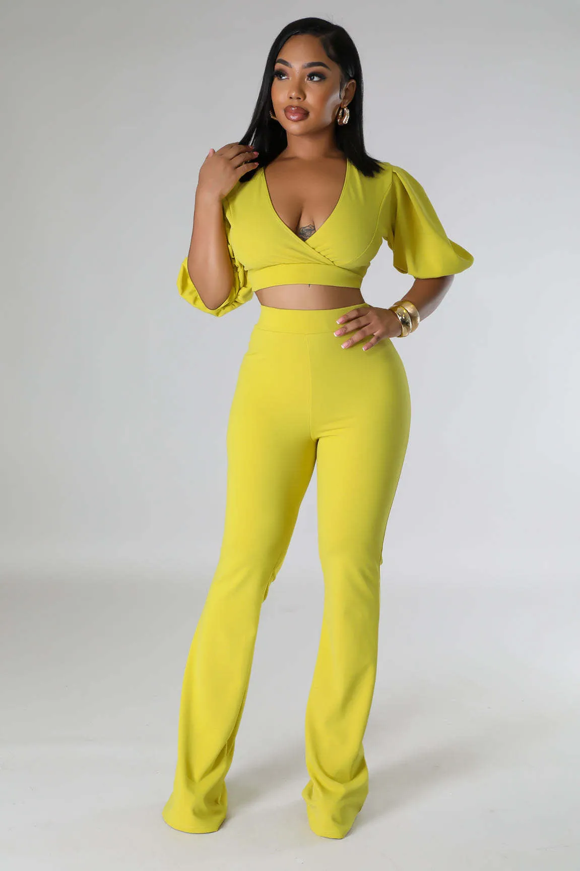Bold Radiance Lantern Sleeve Crop Top and Flared Pants Set