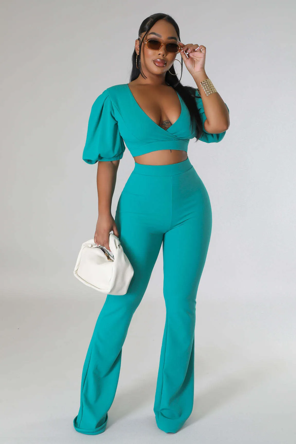 Bold Radiance Lantern Sleeve Crop Top and Flared Pants Set