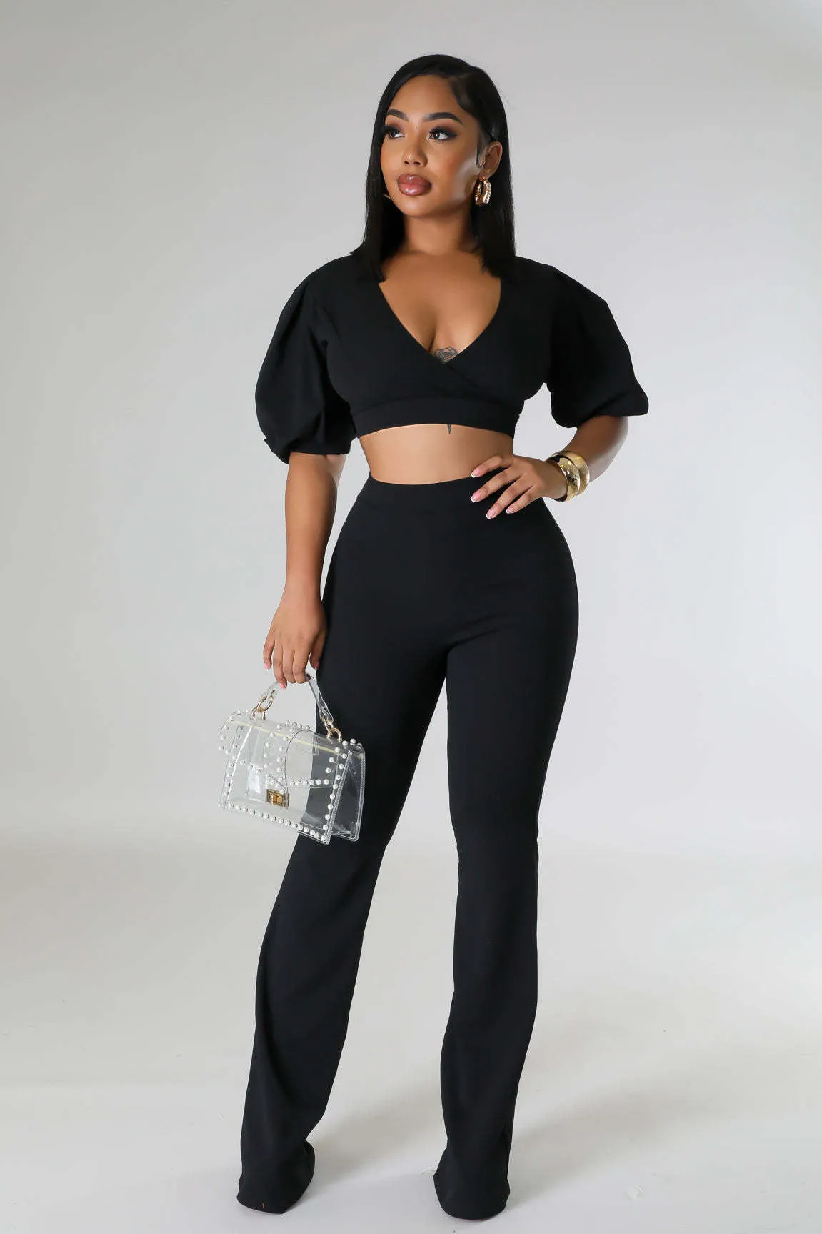 Bold Radiance Lantern Sleeve Crop Top and Flared Pants Set