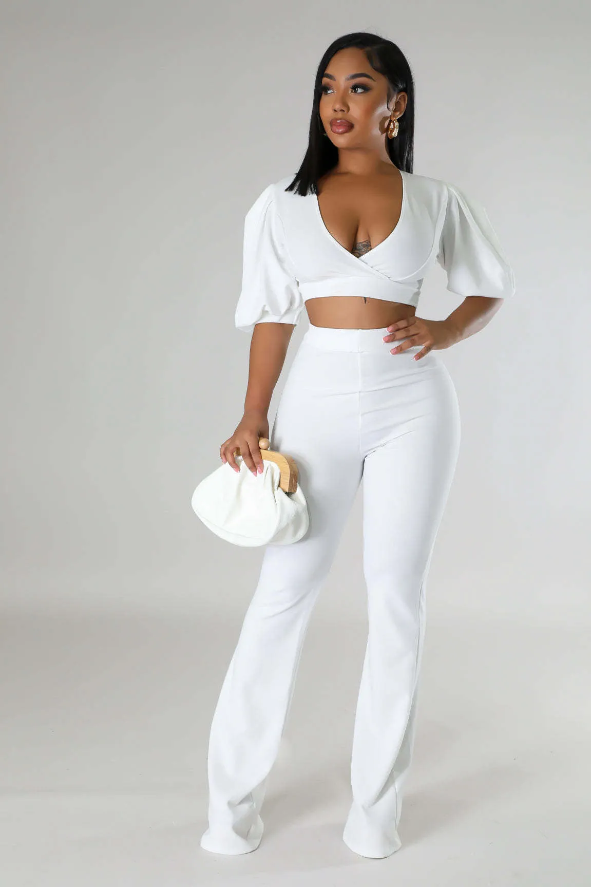 Bold Radiance Lantern Sleeve Crop Top and Flared Pants Set